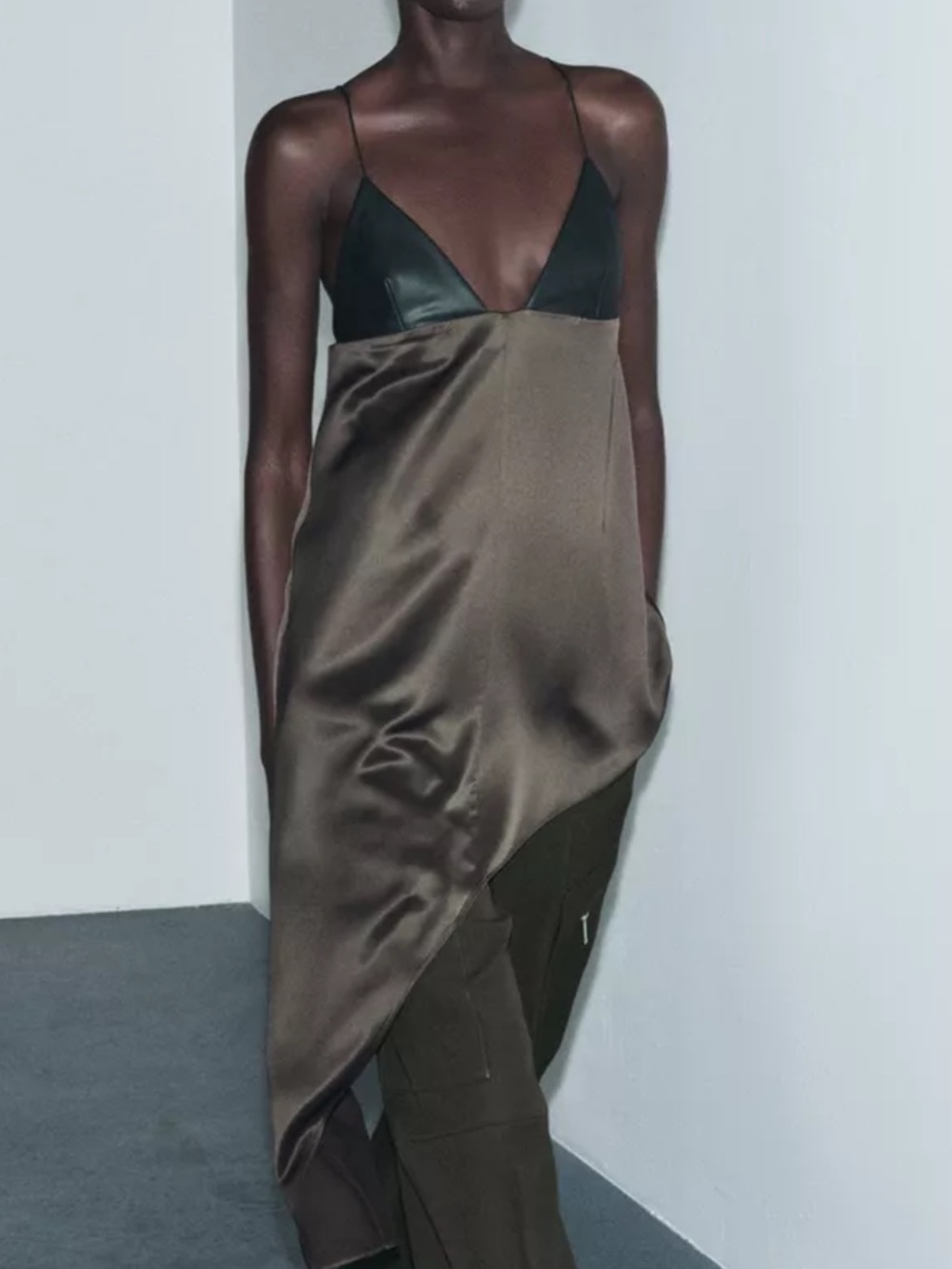 Zara Satin Slip Top in Black and Olive